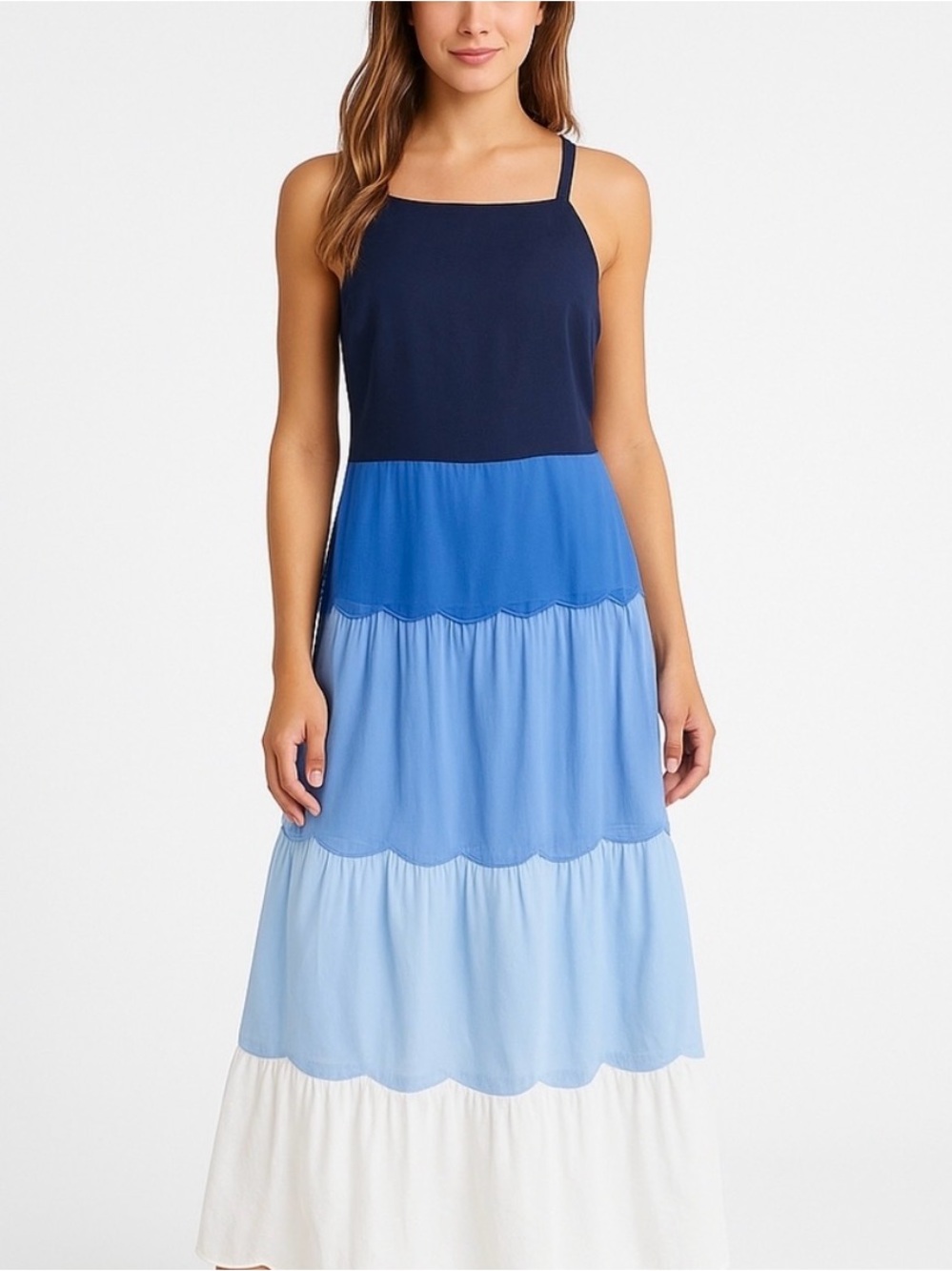 Ann Taylor Navy, Bright Blue, Light Blue and White Tiered Scallop-Hem Dress